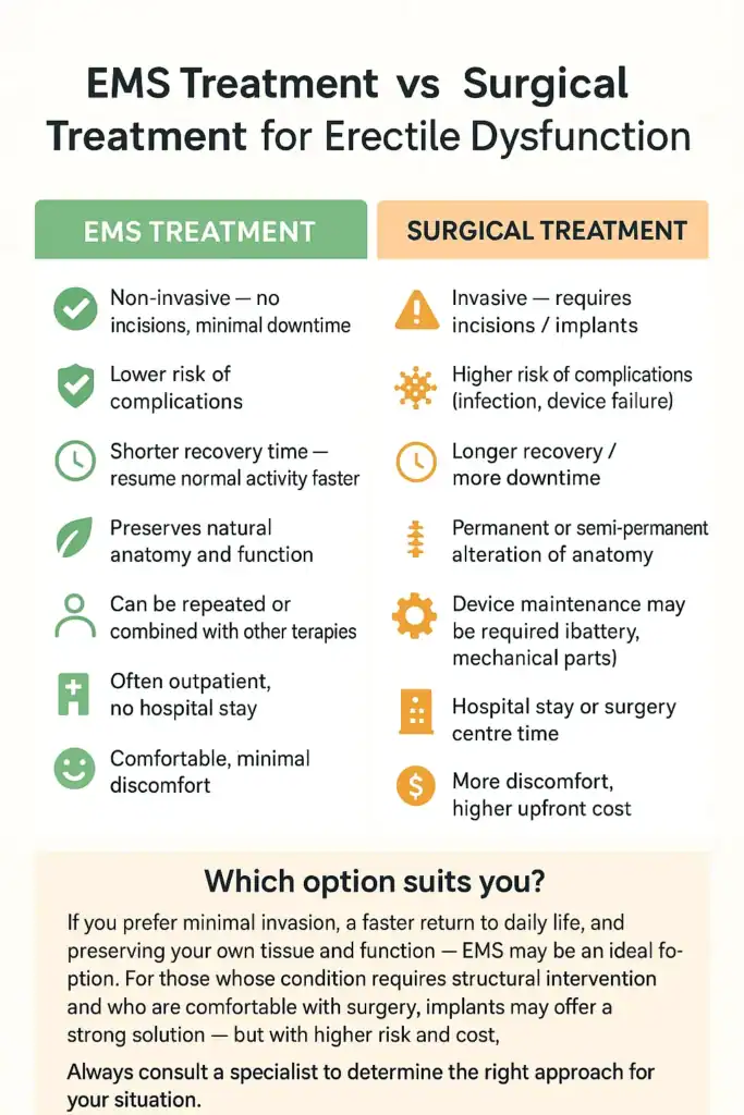 A table showing the benefits of EMS chair for erectile dysfunction treatment Bath compared to surgery.